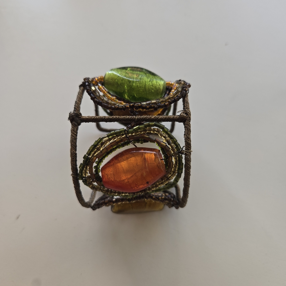 Artisan Wire Bracelet with Green and Orange Beads
